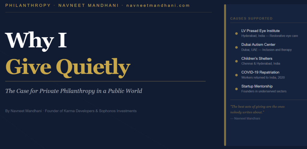Why I Give Quietly — Navneet Mandhani philanthropist entrepreneur Dubai on private philanthropy LV Prasad Eye Institute Dubai Autism Center